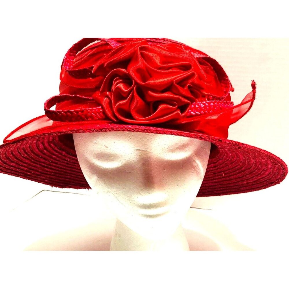 Red Woven Hat Fabric Rose Satin Band Women‎ OS Church Holiday Valentine Xmas